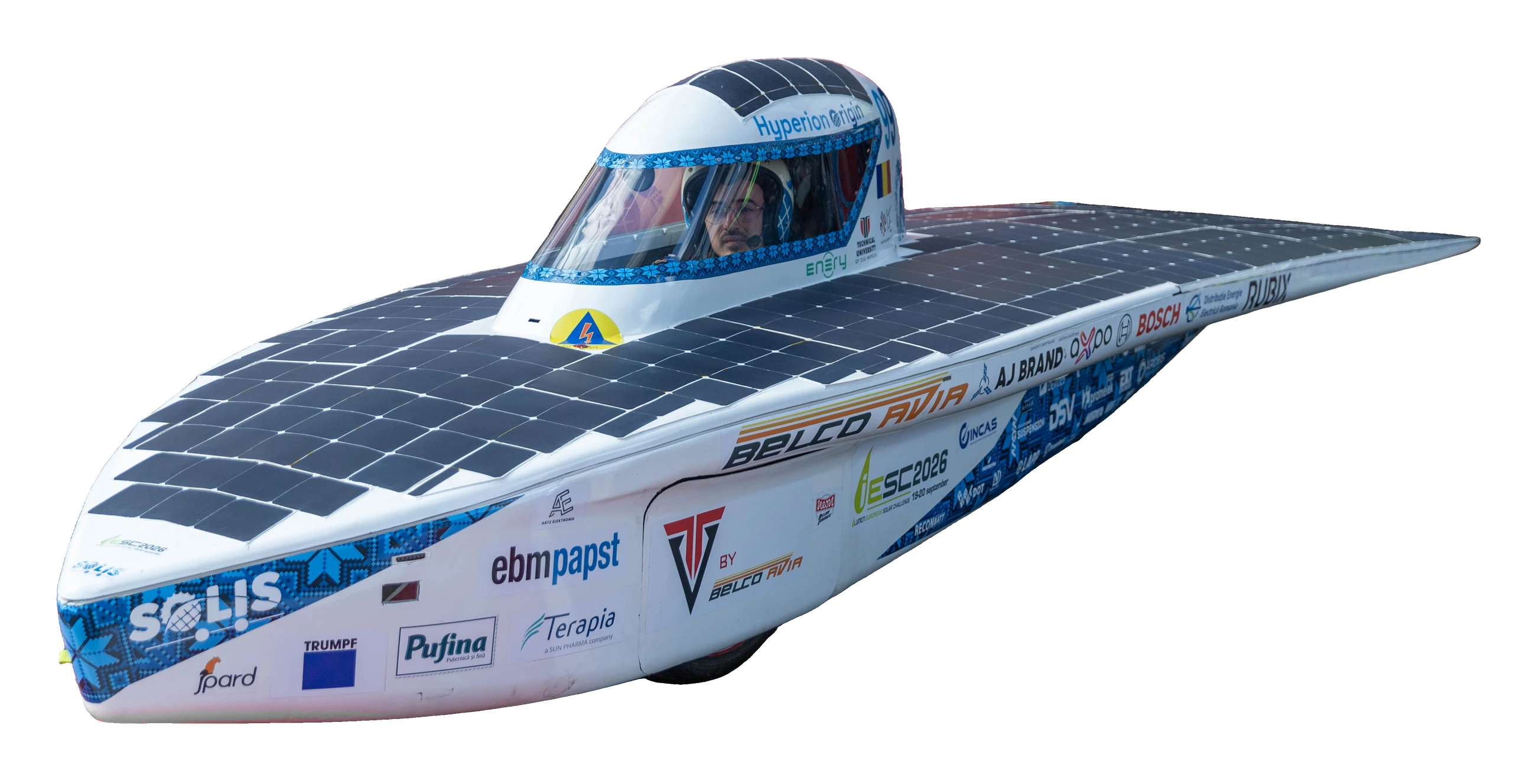 Hyperion Origin, car 99, seen from the front left: a low white hull under a deck of solar cells, with partner logos along its side.